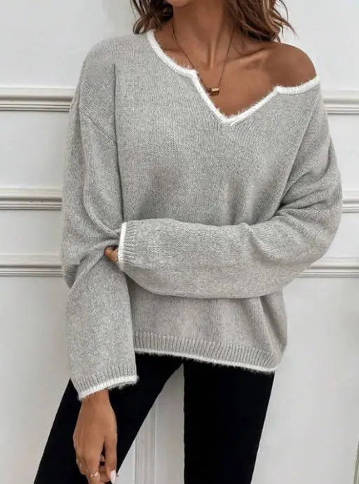 

Весенне-осенний модный однотонный свитер с v-образным вырезом в белую полоску, женский вязаный топ с длинными рукавами