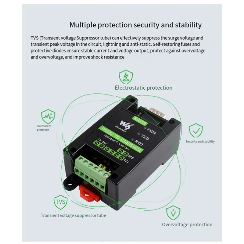 Waveshare Convertitore seriale con interfaccia comoda e pratica multifunzionale isolato digitale attivo da RS232 a RS485/422