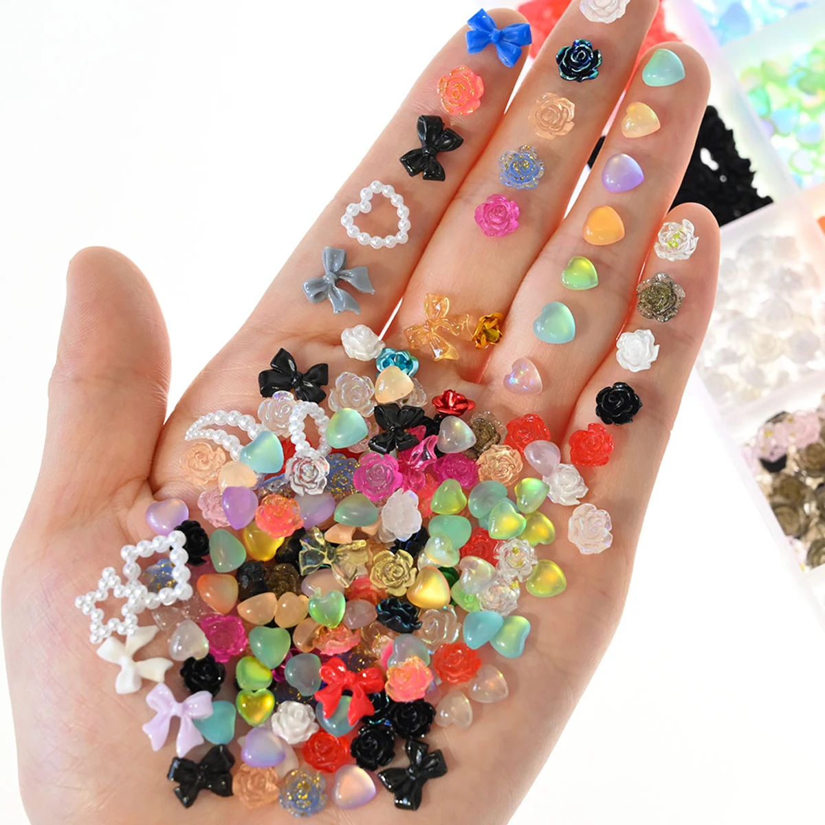 600/500/100Pcs Mixed Resin Bow/Flowers Nail Art Charms 3D Colorful Acrylic Bow Fairy Rhinestone Decor DIY Christmas Bow Parts