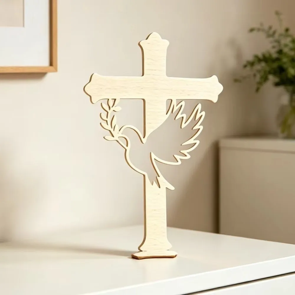 10Pcs Decorative Cross Wooden Peace Dove Cross Wood Hollow Dove Dove Cross Cutout Ornament Craft Style with Base