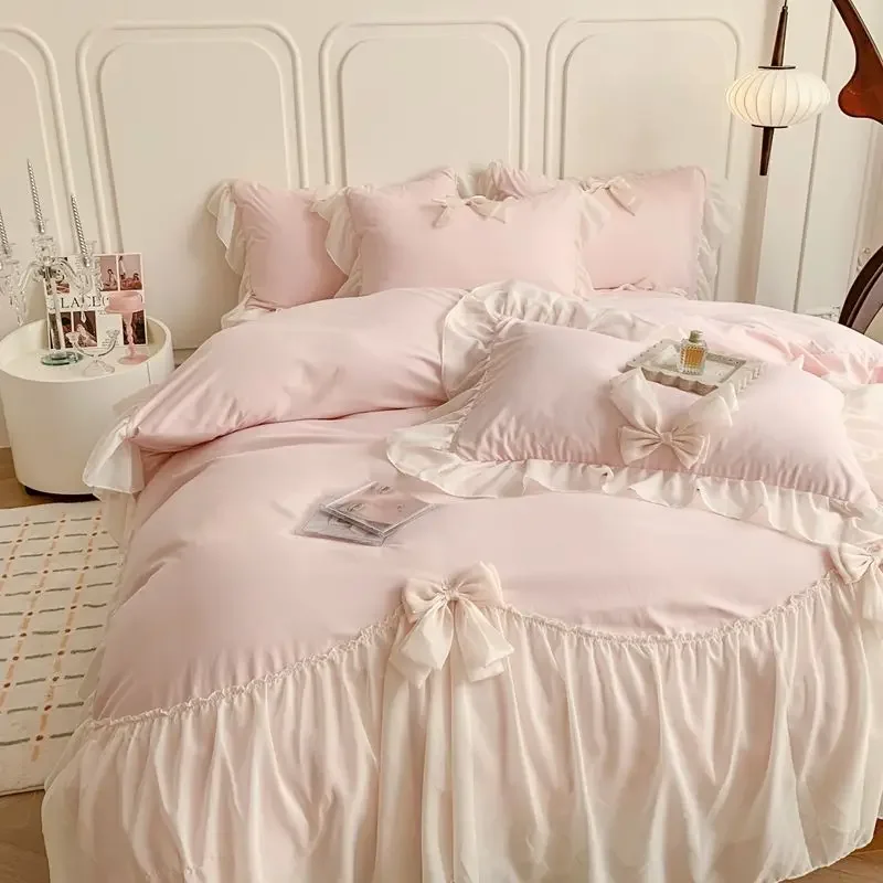 French Princess Style Bedding Sets Ruffle Lace Bow Quilt Cover Romantic Bedclothes Decor Woman Girls Bedroom/  Bedding Set