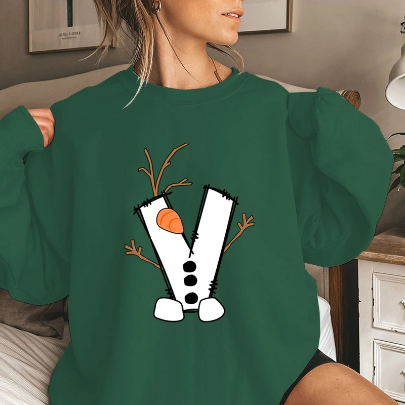 Women Print Cute Christmas Snowman Alphabet Pullover Long Sleeve Creative Cartoon Letter Y2K Hoodie Merry Christmas Sweatshirts