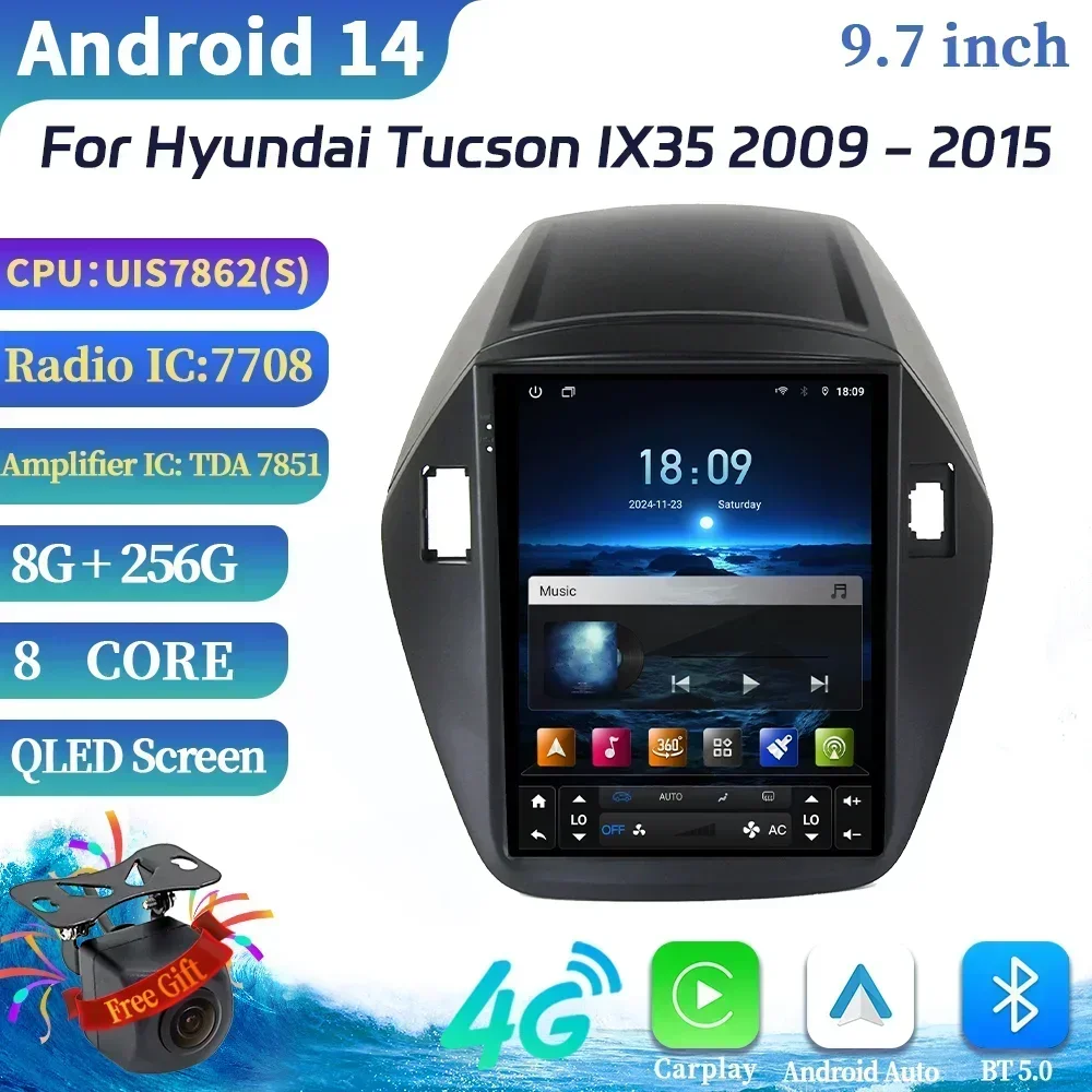 9.7inch Android 14 For Hyundai Tucson IX35 2009-2015 Car Radio Multimedia Navigation Wireless CarPlay 4G GPS Multimedia Screen