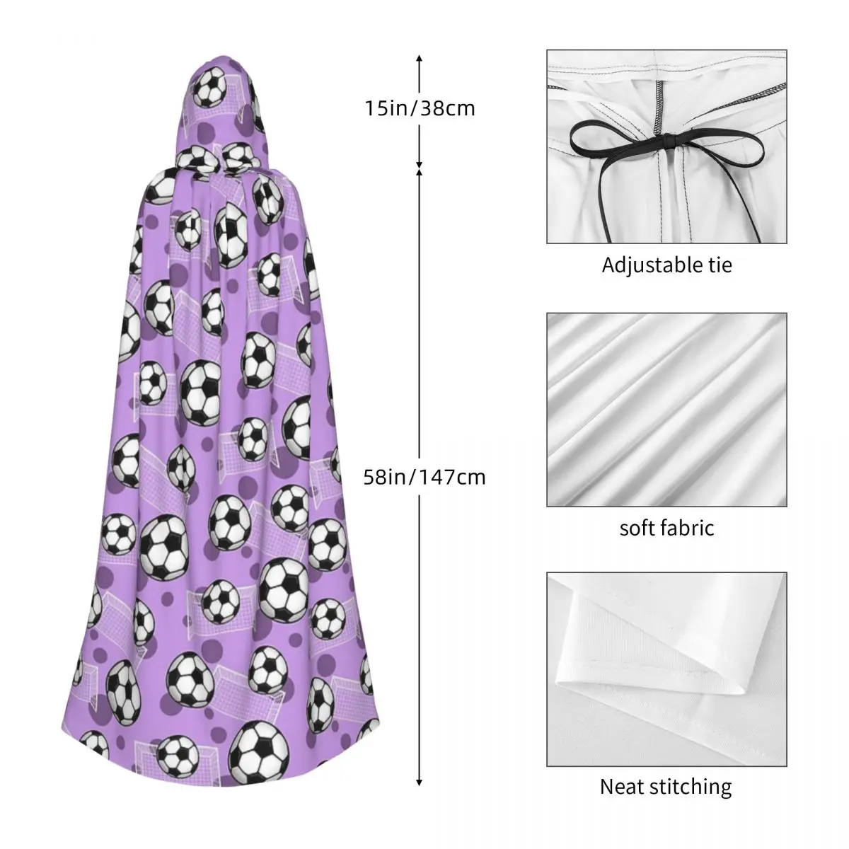 Bola de futebol e gol padrão roxo roxo futebol longo com capuz capa bruxa traje medieval cosplay capa halloweenvampiro