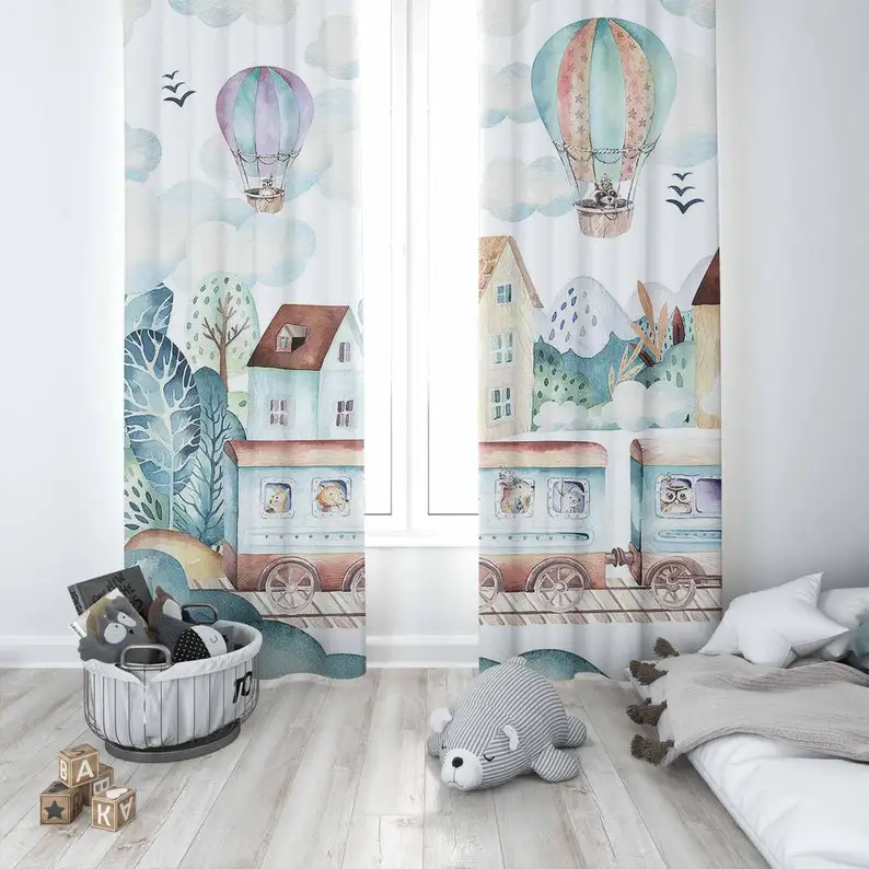Train Nursery Curtains Hot Air Balloon Kids Bedroom Curtains Black Nursery Decor Baby Room Curtains Bedroom Living Room Curtain