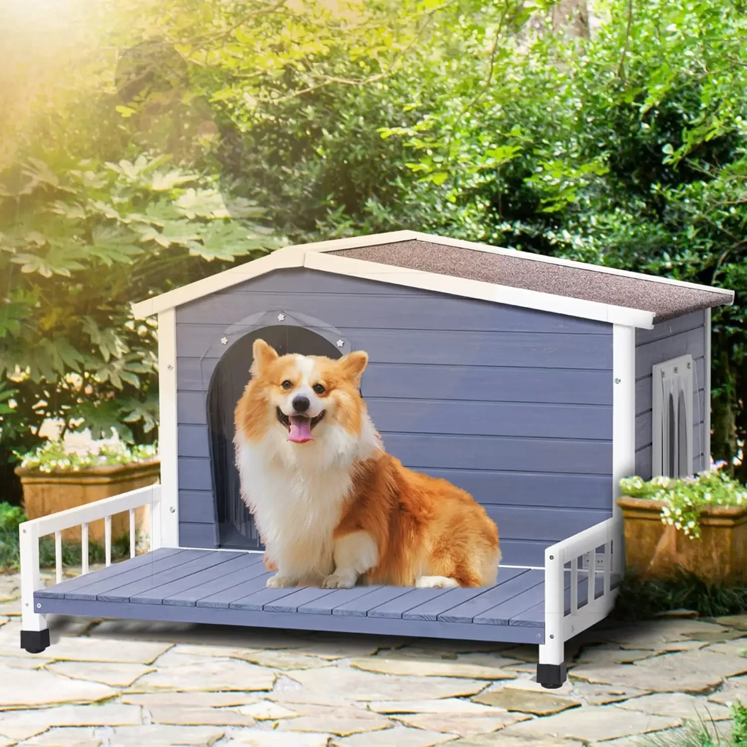 Dog House Outdoor with Terrace & Openable Asphalt Roof, Outside Dog House with Elevated Floor, Dog House for Small Medium Dogs