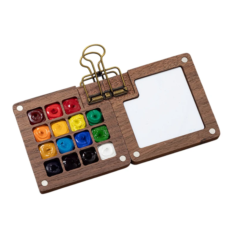 1 шт., мини-акварельная палитра из орехового дерева, дорожный лоток для рисования, художественные принадлежности, портативная коробка для красок с зажимом, палитра для рисования