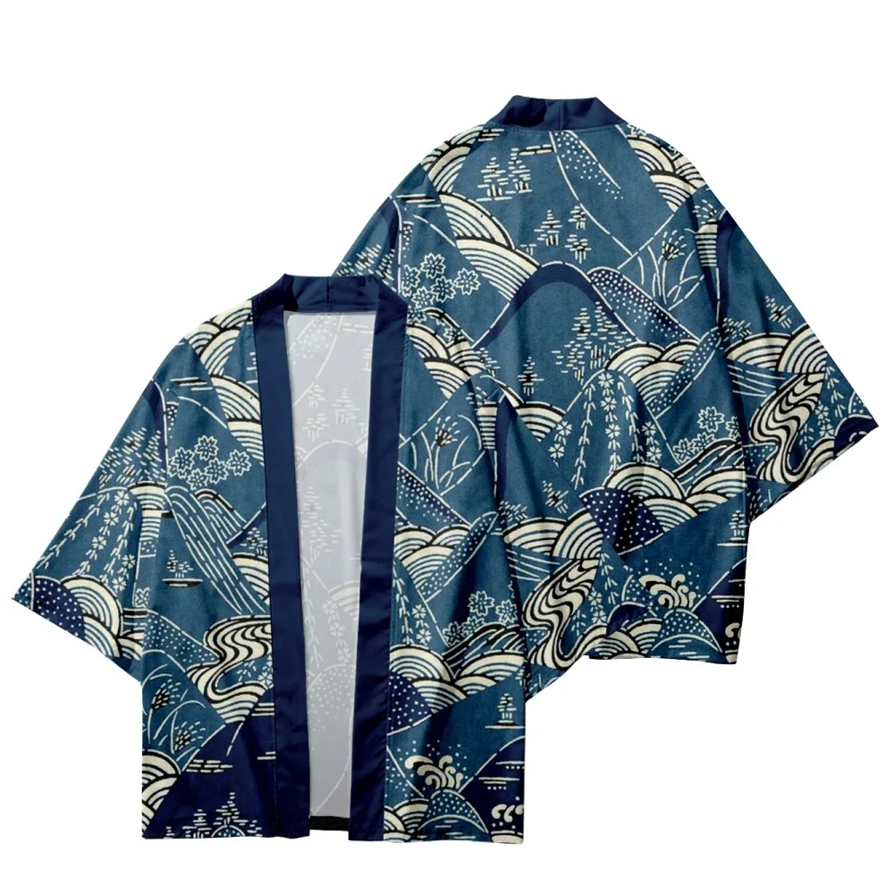 

New Design Blue Wave Print Streetwear Haori Traditional Japanese Cardigan Men Women Oversized Kimono Cosplay Yukata