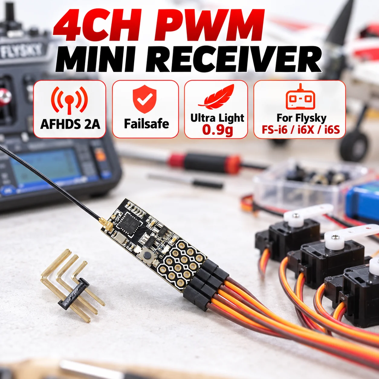 1/2/4Pcs JHEMCU FS2A 2.4G 4CH AFHDS 2A Mini PWM Receiver Compatible with Flysky FS-I6 FS-I6X FS-I6S Transmitter RC FPV Drone
