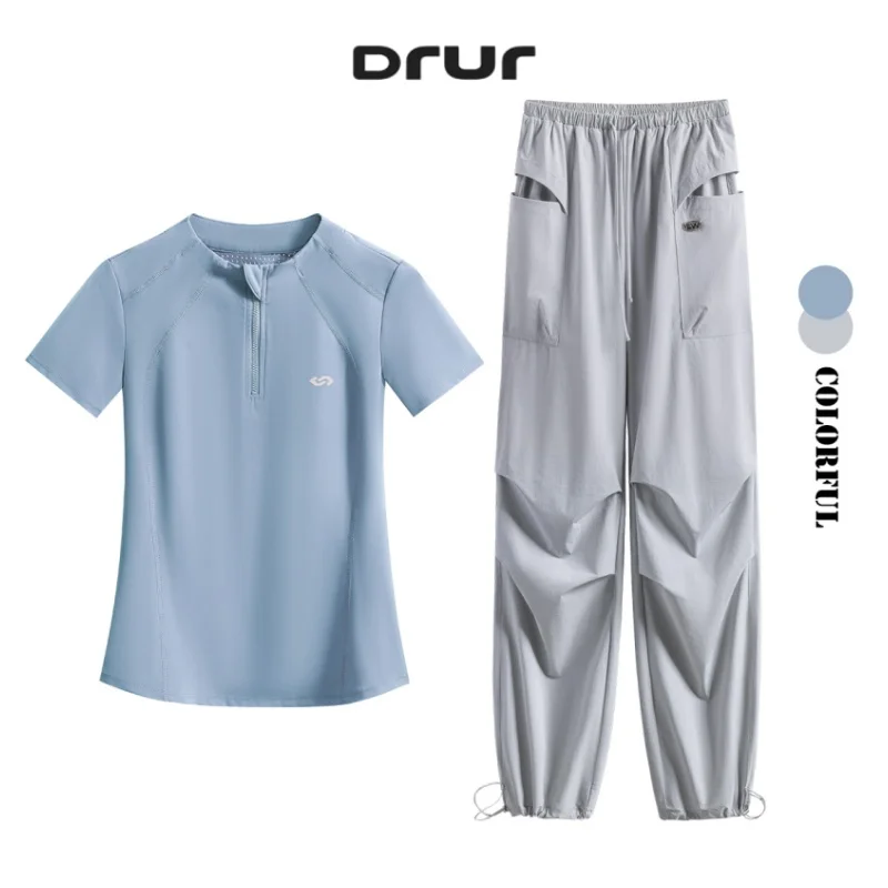 

DRUR Summer Hiking Tracksuit Women Breathable Quick Dry Running Set 2 Piece Gym Outfit Slim Fit Sports Top Cargo Pants Suit New