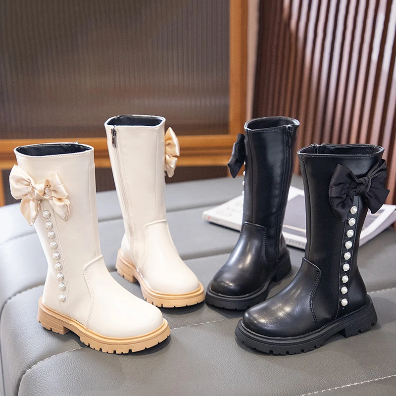 

Girls Princess Boots Mid-calf Versatile Children High Boots with Big Bows Korean Style 2025 Autumn Winter New Kids Leather Boots