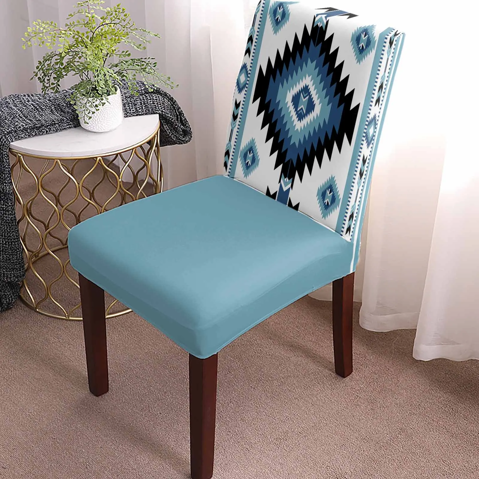 Blue Bohemian Geometric Dining Chair Covers Spandex Stretch Seat Cover for Wedding Kitchen Banquet Party Seat Case