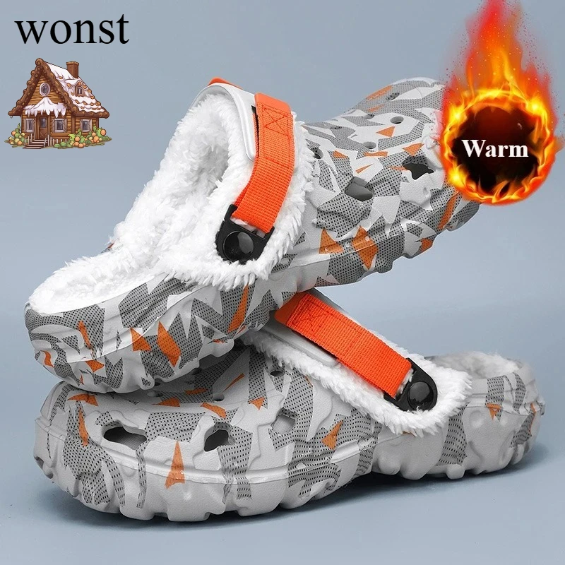 Mens Winter Slippers Soft Indoor Warm Women Slippers Summer Removable Sandals Men Non Slip Plush Fur Clogs Big Size Slippers 47
