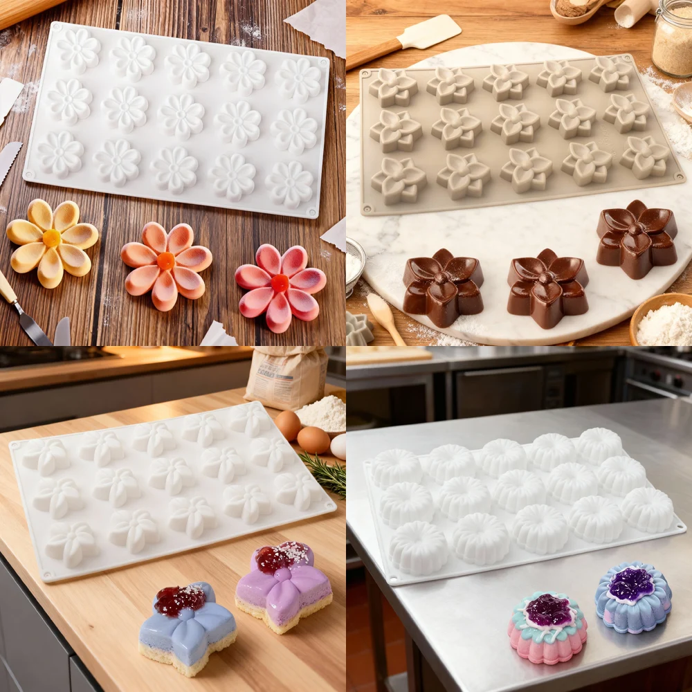 15-Cell Little Flower Design Food Grade Silicone Cake Molds Chocolate Mould Candy Baking Tool Kitchen Silicone Bakeware Supplies