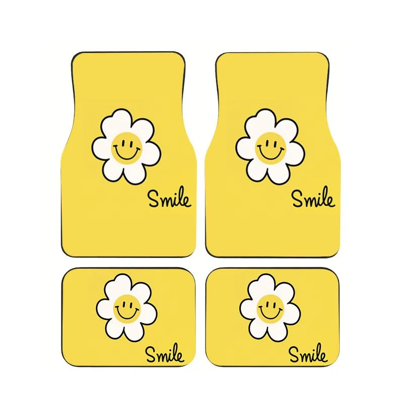

Yellow Background Smile Daisy Car Floor Mats 4Pcs Universal Non-slip Waterproof Auto Foot Liners Interior Accessories For Sedan