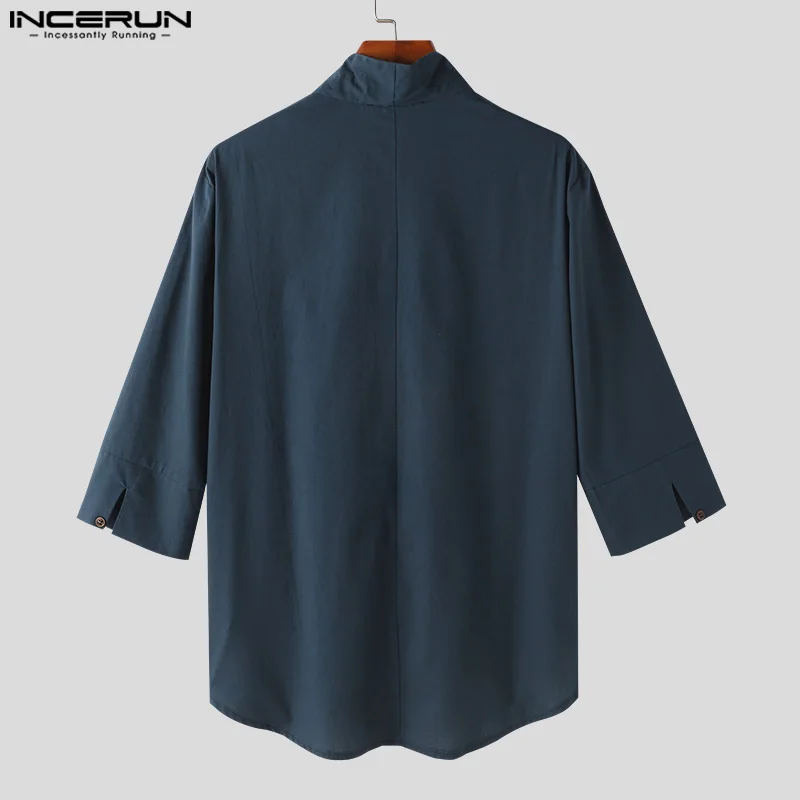 INCERUN Tops 2024 Korean Style Men\'s Solid Color Ethnic Style Shirts Casual Simple Male Well Fitting Short Sleeved Blouse S-5XL