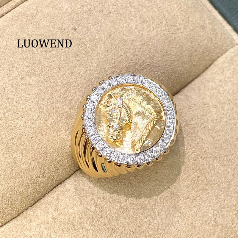 LUOWEND 100% 18K White+Yellow Gold Rings Fashion Horse Seal Shape Real Natural Diamond Ring for Women High Party Jewelry
