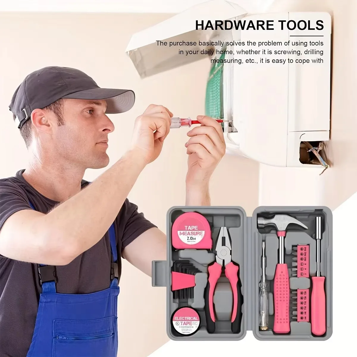 

Pink 13-Piece Home Tool Set, Mini Hardware Kit With Hammer, Tape Measure, Screwdrivers & Pliers, Pink Gift Toolbox For DIY