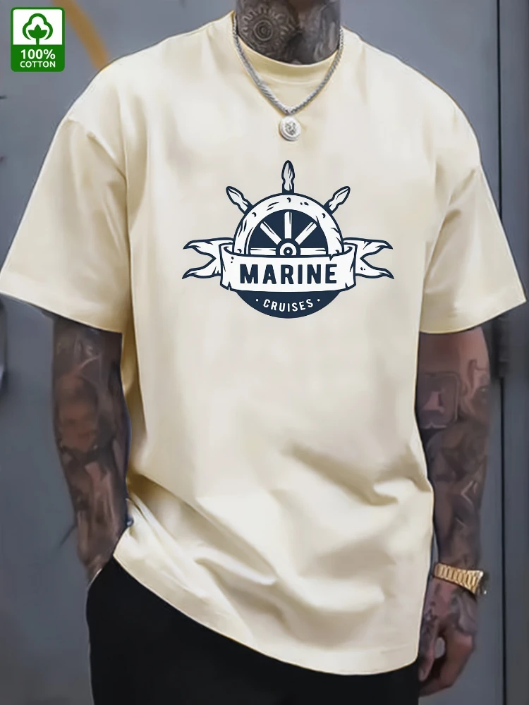 تصميم نمط Oar-100% تي شيرت رجالي صيفي من القطن برقبة دائرية وأكمام قصيرة مطبوع كاجوال.