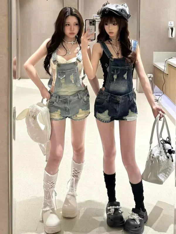 Amerykańskie retro, urocze, wyszczuplające dżinsowe szorty damskie, letnie modne spodnie z wysokim stanem, kombinezon z paskiem i wycięciami.
