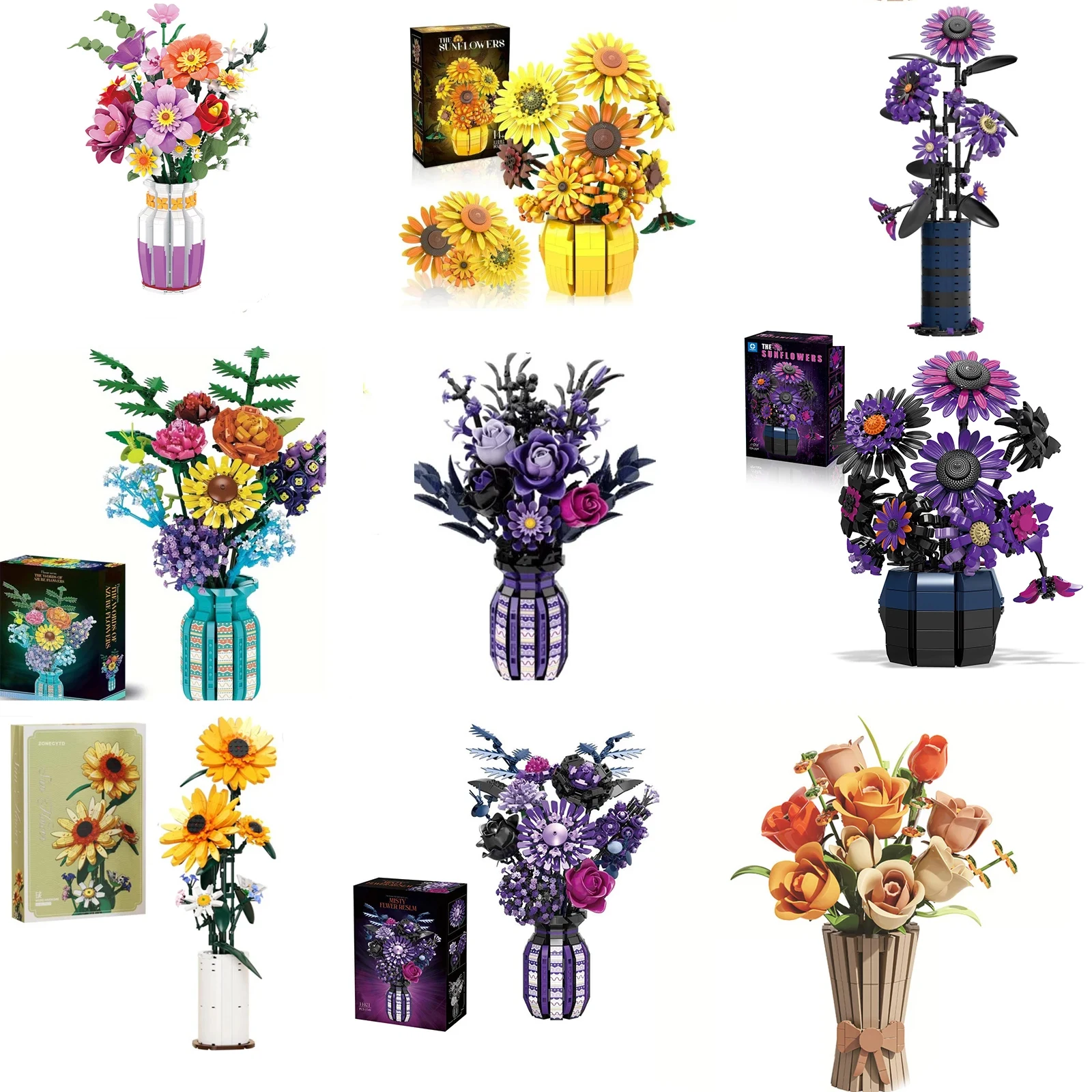 

Flower Bouguet Building Block Set with vase, Sunflower Rose Orchid Home Decor Gift for Gril Women 14+