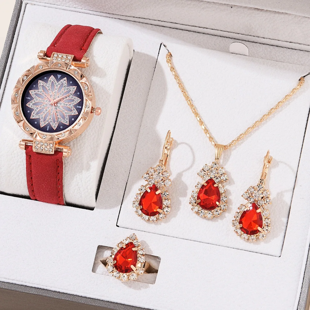 Exquisito conjunto de regalo creativo con temperamento para mujer, accesorios de reloj con incrustaciones de diamantes, reloj de pulsera sin caja de regalo, 4 piezas por juego