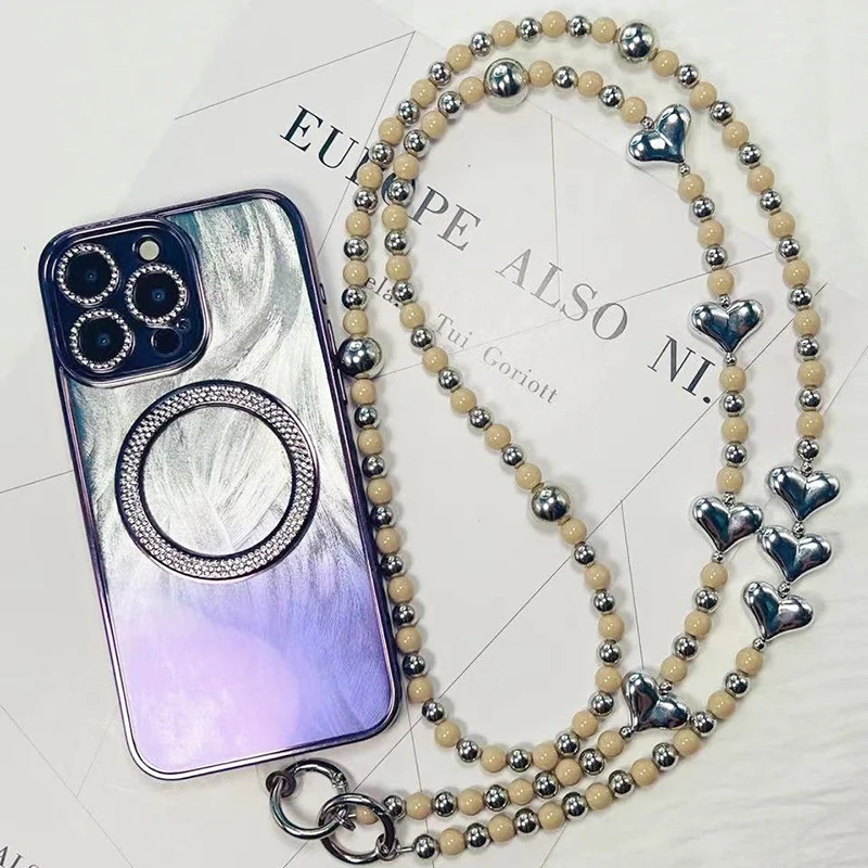 Cute Heart Crossbody Long Phone Chain Rope Strap For Iphone For Samsung Huawei Xiaomi Phone Pendant Rope Strap Keychain Keyring