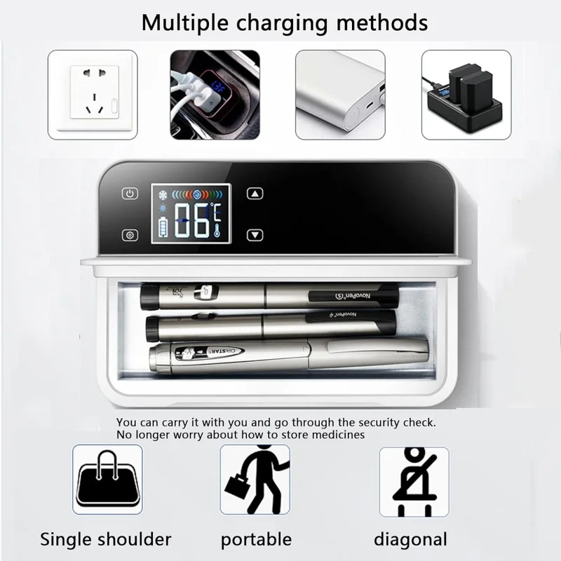 Enfriador de insulina Mini caja refrigerada Enfriador de medicina Recipiente de reacción con pantalla LED 0-18 ° C Refrigerador para Viajes en Coche a Casa