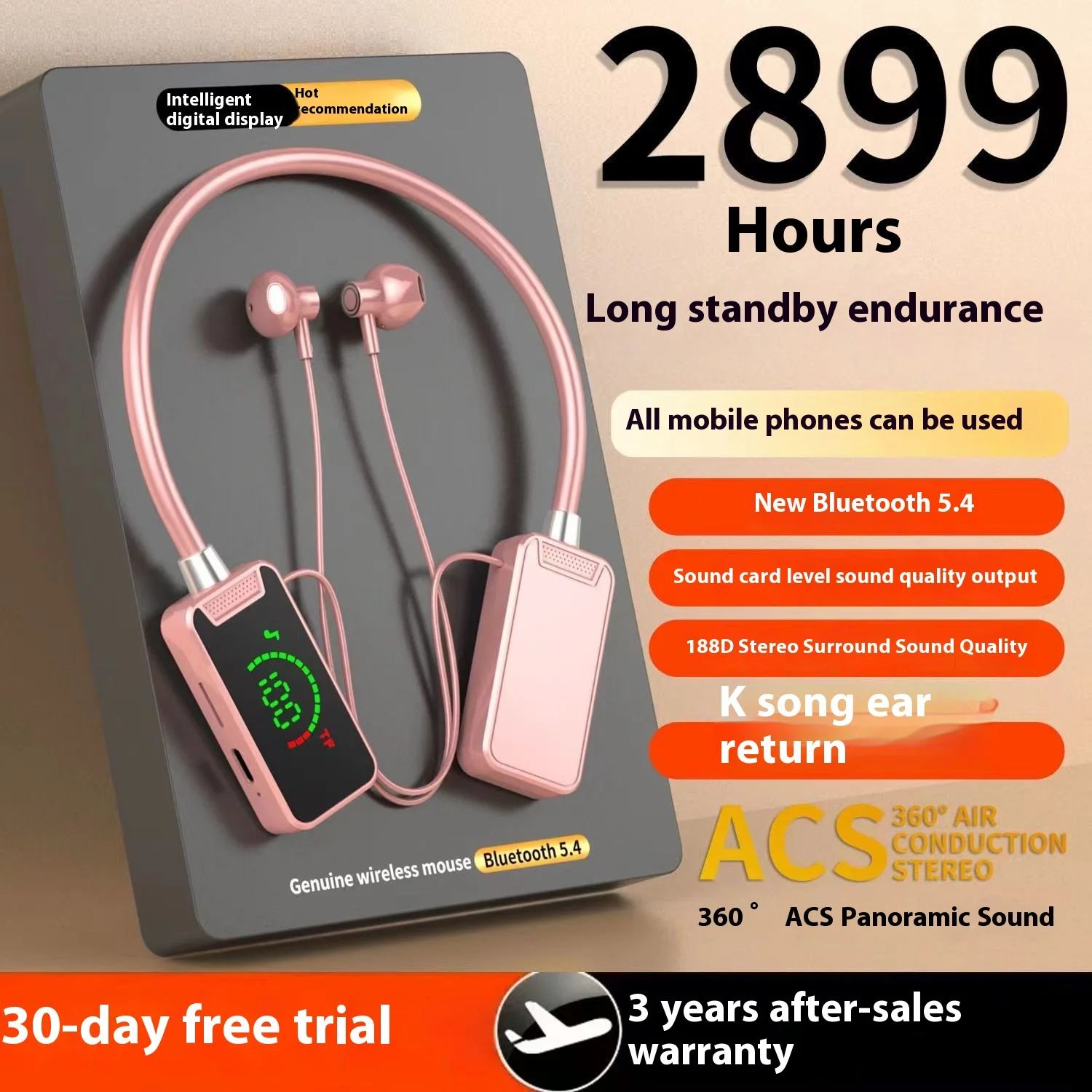 Fones de ouvido Bluetooth pendurados no pescoço com tela grande, display digital de bateria, feedback de ouvido esportivo e ultra