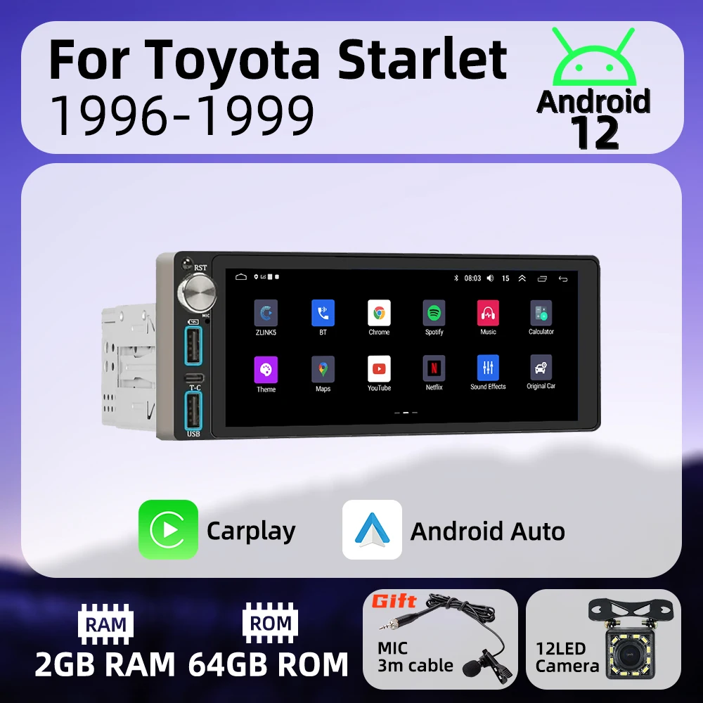 

Беспроводное авторадио Carplay 6,86 "1 Din радио Android автомобильный мультимедиа для Toyota Starlet 1996-1999 стерео головное устройство GPS-навигация