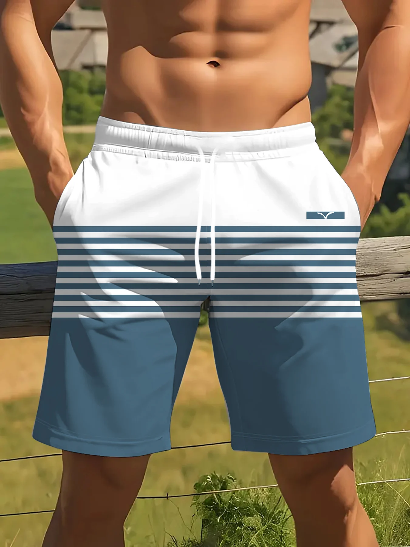 Shorts de Natação Masculinos de Secagem Rápida para o Verão, Estampa Listrada Azul e Branca, Com Cordão na Cintura e Bolsos