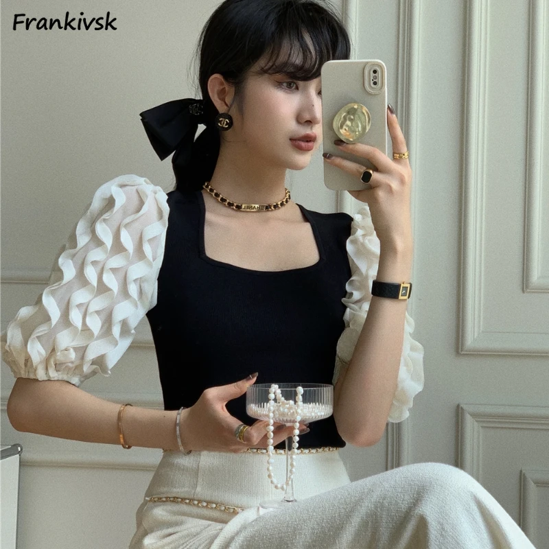 Japanese Style Blouse Women Square Collar Design Spliced Summer Fashion Slim Elegant Slouchy Temper Mature Puff Sleeve Casual