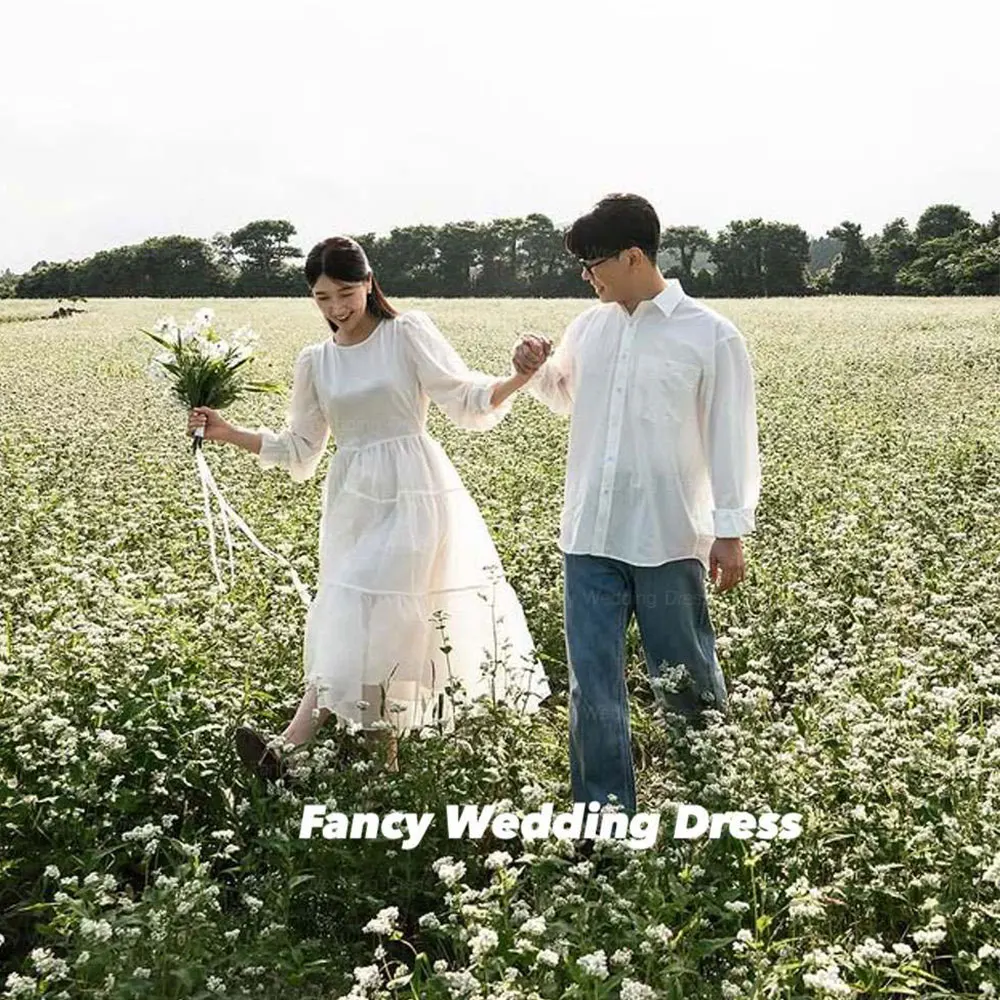 

Fancy Simple Summer Garden Wedding Dress Korea Photo Shoot A Line Three Quarter Prom Gown Back Corset Zip Customized