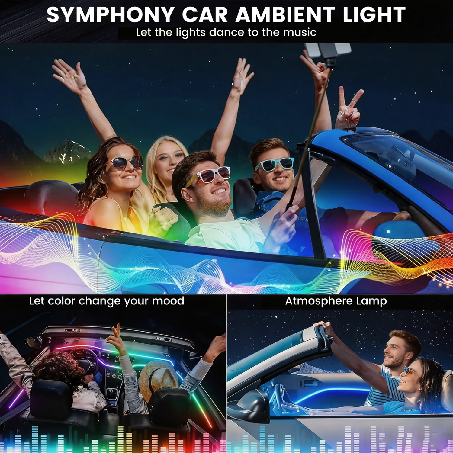 Symphony RGB Auto-Ambientelicht-Set mit Verfolgungseffekt, APP-Steuerung, 2-18-in-1 Fußraum-Tür-Innen-LED-Streifenlichter für 12V-Autos und SUVs, Türwarnfunktion