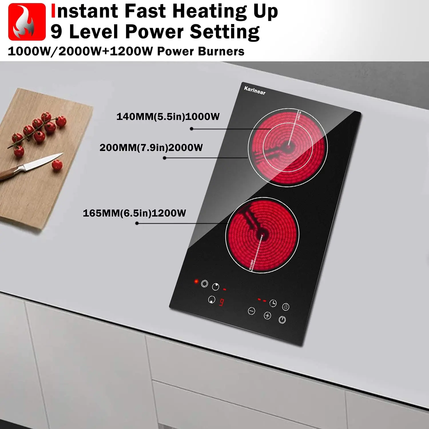 Estufa eléctrica de 12 pulgadas, placa de cocción radiante eléctrica empotrable de 220v - 240v con cerradura de seguridad para niños, temporizador, indicador de calor residual, 3