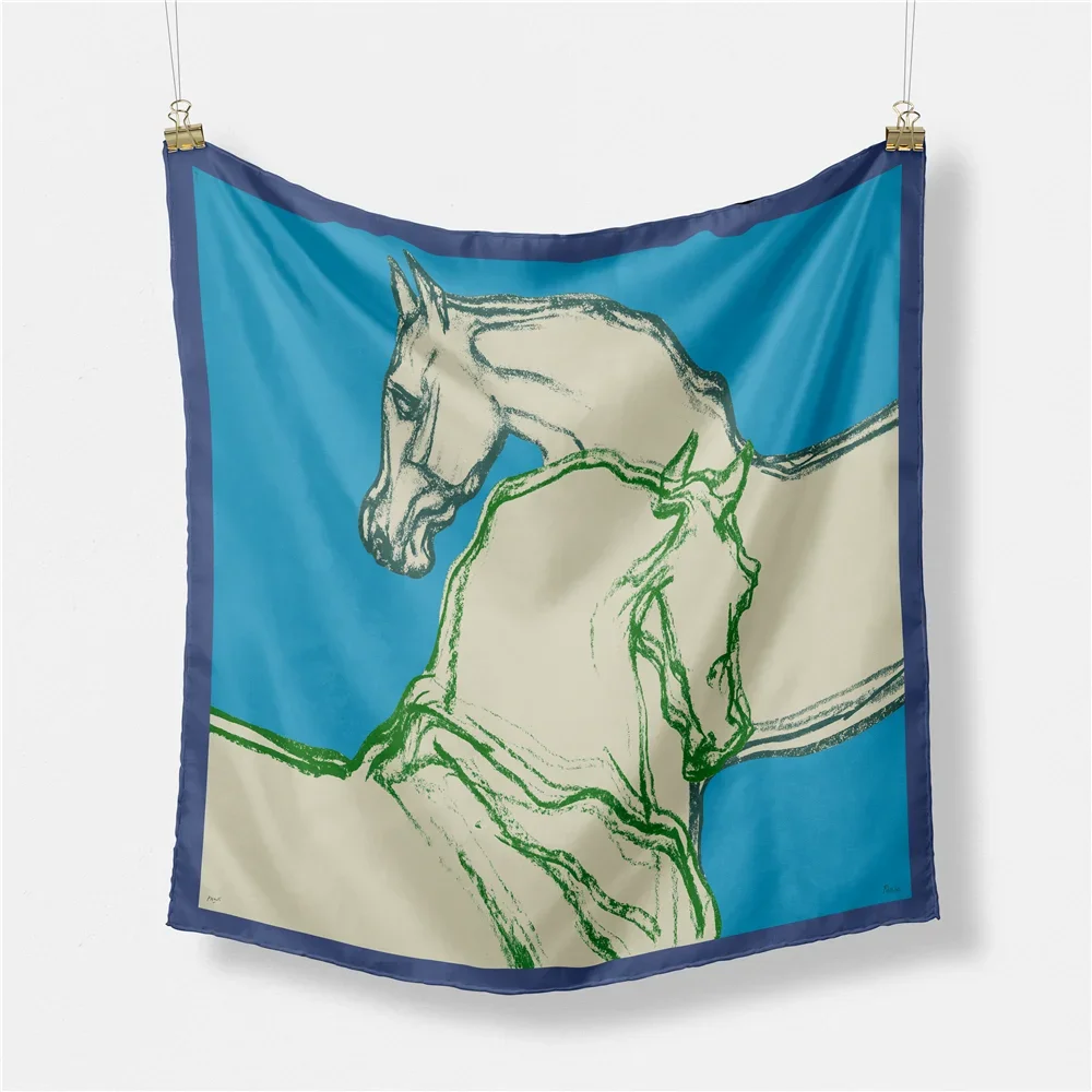 트윌 실크 스카프 여성 말 그림 스퀘어 스카프 랩 반다나 작은 히잡 실크 푸라르 타이 헤어밴드 넥커치프 53CM