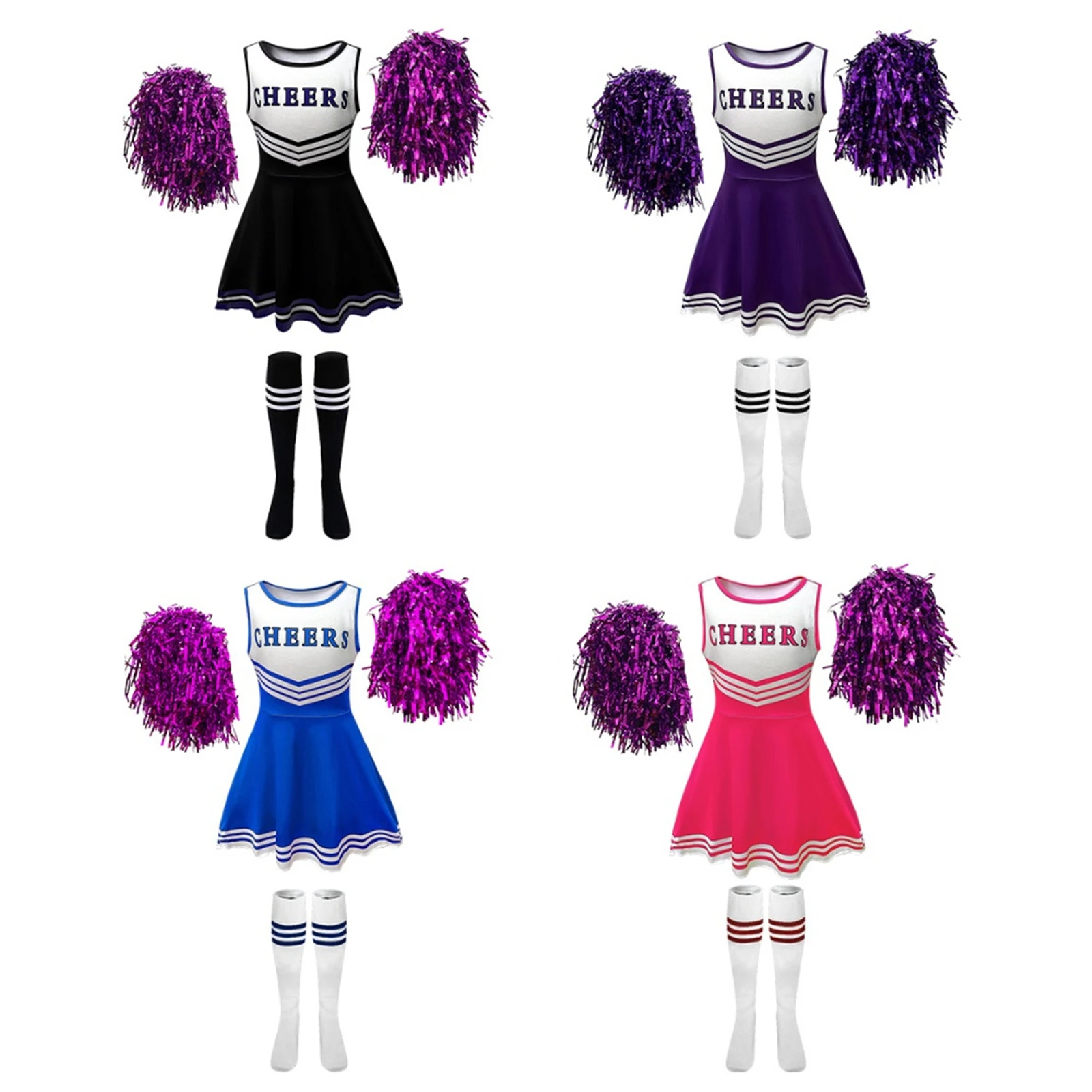 

3 Pcs Kids Cheerleading Costume With Pom-Poms Girls Soccer Baby Dress With Striped Socks Performance Costume Halloween Set