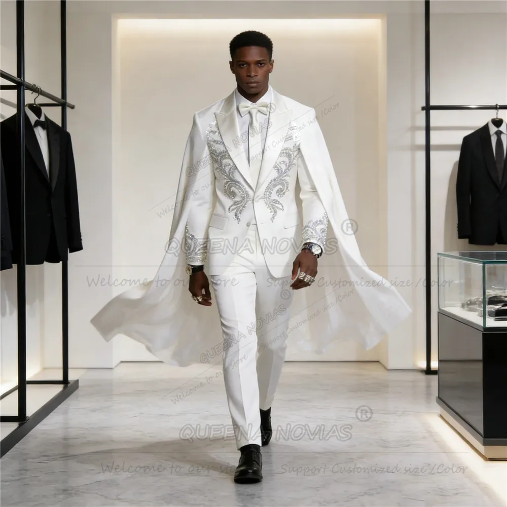 

Мужские костюмы с блестящими бриллиантами и бисером, 2 предмета, свадебные смокинги для жениха, индивидуальный пошив, пиджаки для выпускного вечера с накидкой, Terno Masculinos Completo