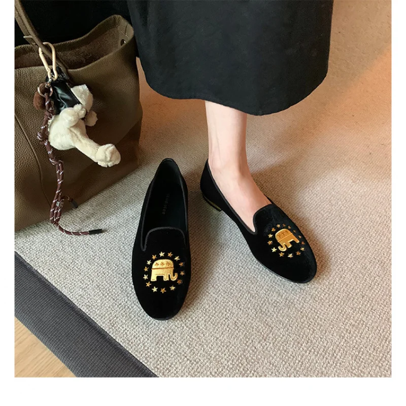 Exquisite Embroidery Slip-on Velvet Flat Soft Bottom Loafers Doug Single-Layer Shoes Women