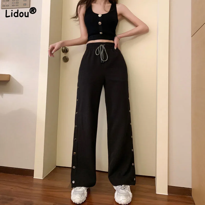 

Personality Vintage Women's Breasted Split Straight Trousers Spring Korean Drawstring Patchwork Pockets Womens Wide Leg Pants