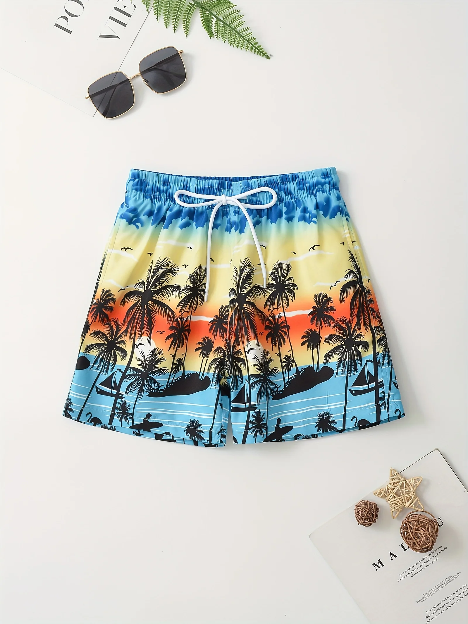 Kids Cartoon Coconut Tree Tropical Plant Pattern Swim Trunks For Boys Elastic Waist Beach Short Kid\'s Swimwear Summer Boy Shorts