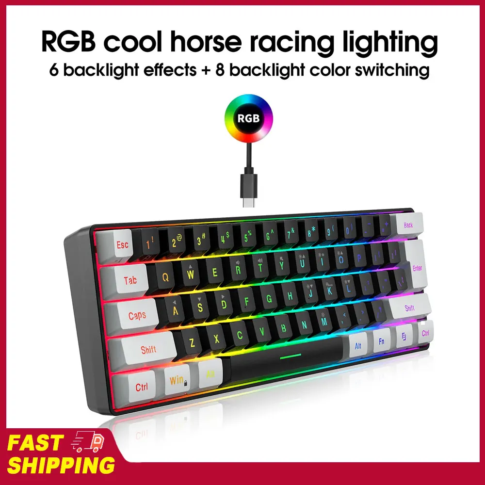HXSJ V700BW A869 USB Keyboard Mouse Kit 61-key Wired RGB Backlight Computer Keyboard Colorful LED Lighting 3200DPI Gaming Mouse