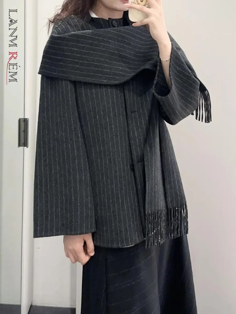 LANMREM Tassel Scarf Collar Wool Blended Striped Coat With Pocket Women's Fashion Woolen Clothes 2025 Spring Winter New 2DA9803