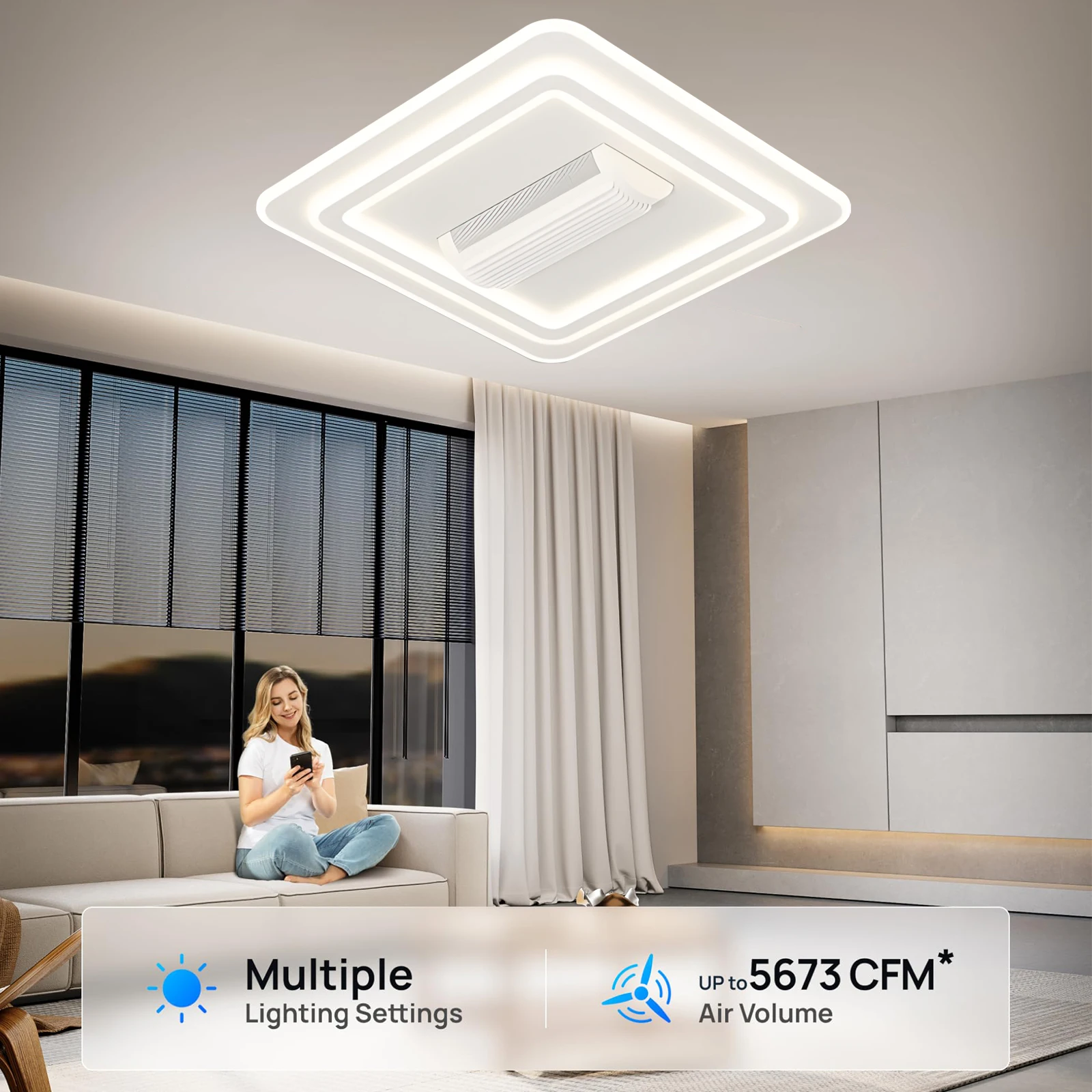 Cool Ceiling Fan with LED Light Round Square Acrylic Gloss Household Ceiling Fan Lamp Roller Bladeless 6-speed Electric Fan