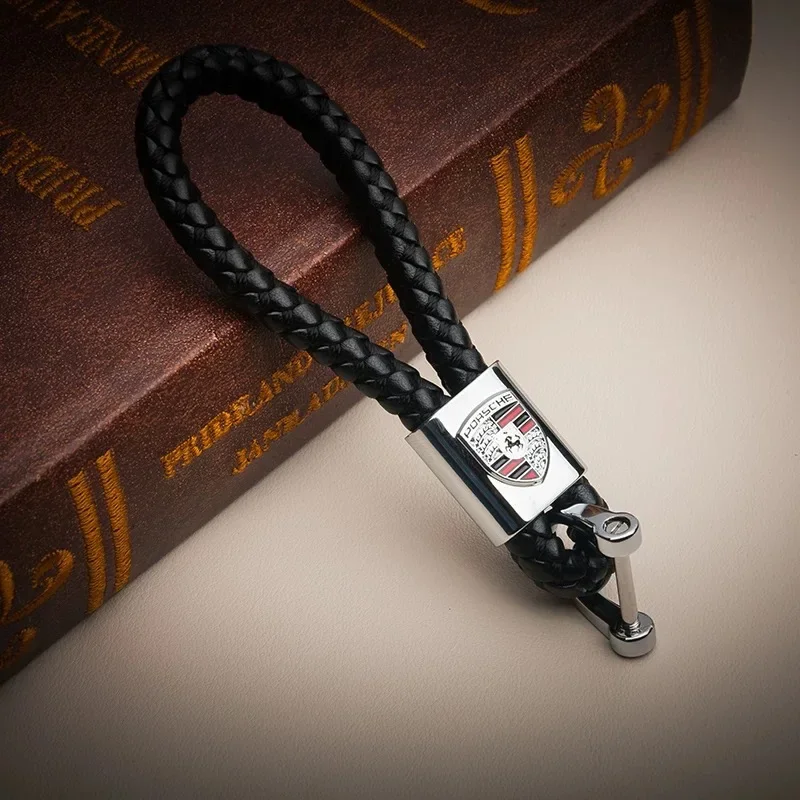 

Car Sticker For Porsche Leather Rope Car Keychain Hand Braided Buckle KeyRing For Porsche Cayenne Panamera Macan 911 718 Taycan