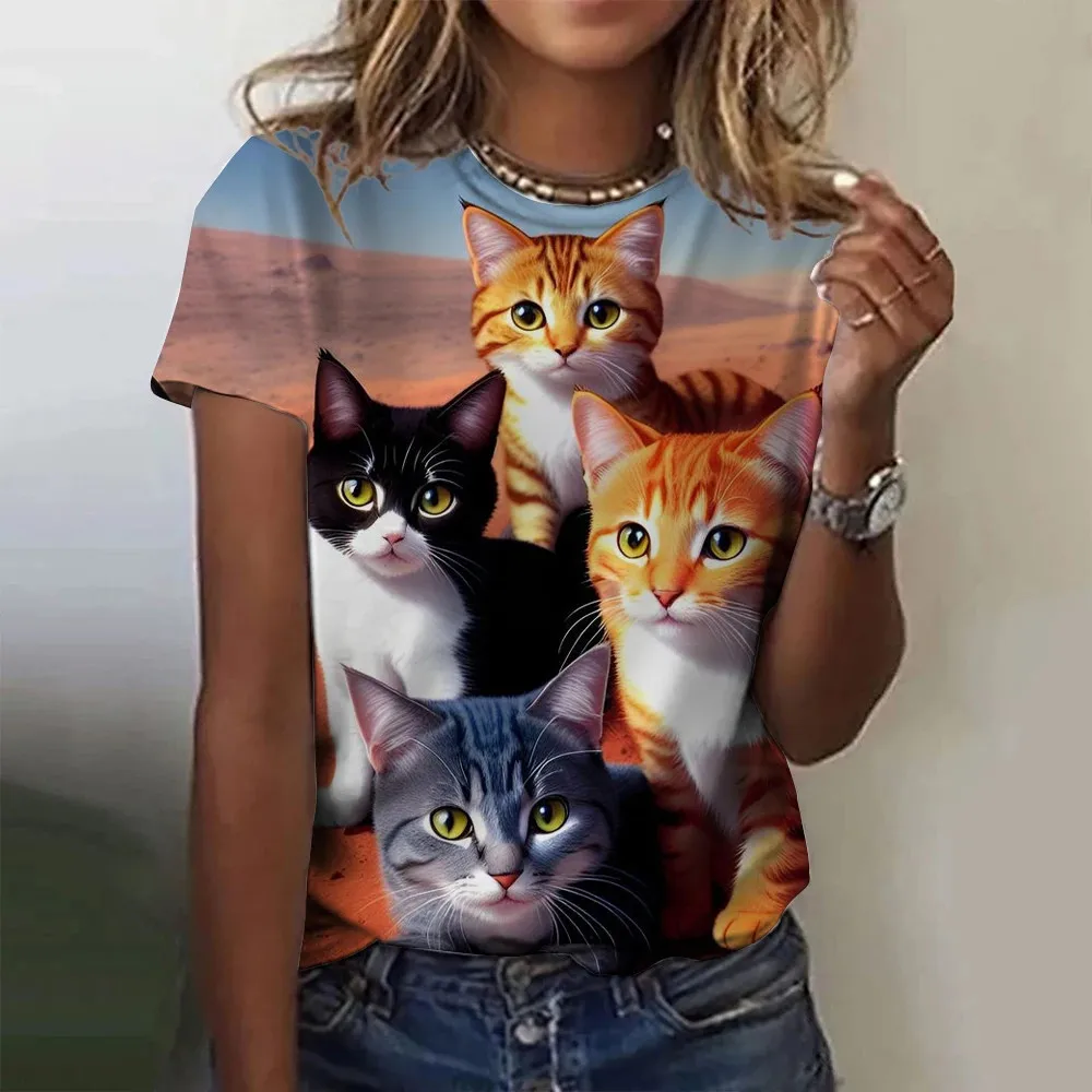ملابس للفتيات ملابس الصيف القط لطيف طباعة طفل تي شيرت س الرقبة عادية المحملة القمم قصيرة الأكمام الذين تتراوح أعمارهم بين 3-14 سنة ملابس الطفل الصبي #5