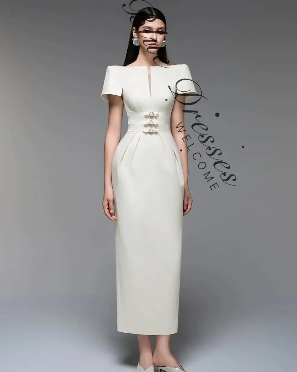 customized Dresses Satin Sheath/Column Wedding Party Dress White Boat Neck Pleat Backless Button Hall Wedding Dress Mid