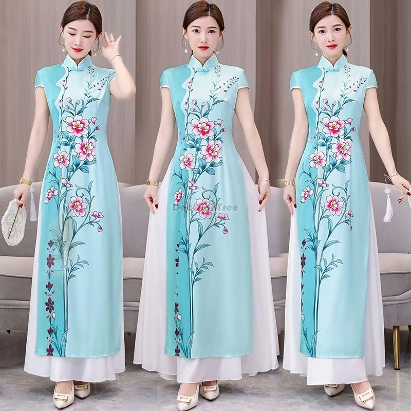 

2024, улучшенное Cheongsam, элегантное танцевальное платье в китайском стиле с цветочным принтом, свободное длинное платье с короткими рукавами и воротником-стойкой b150