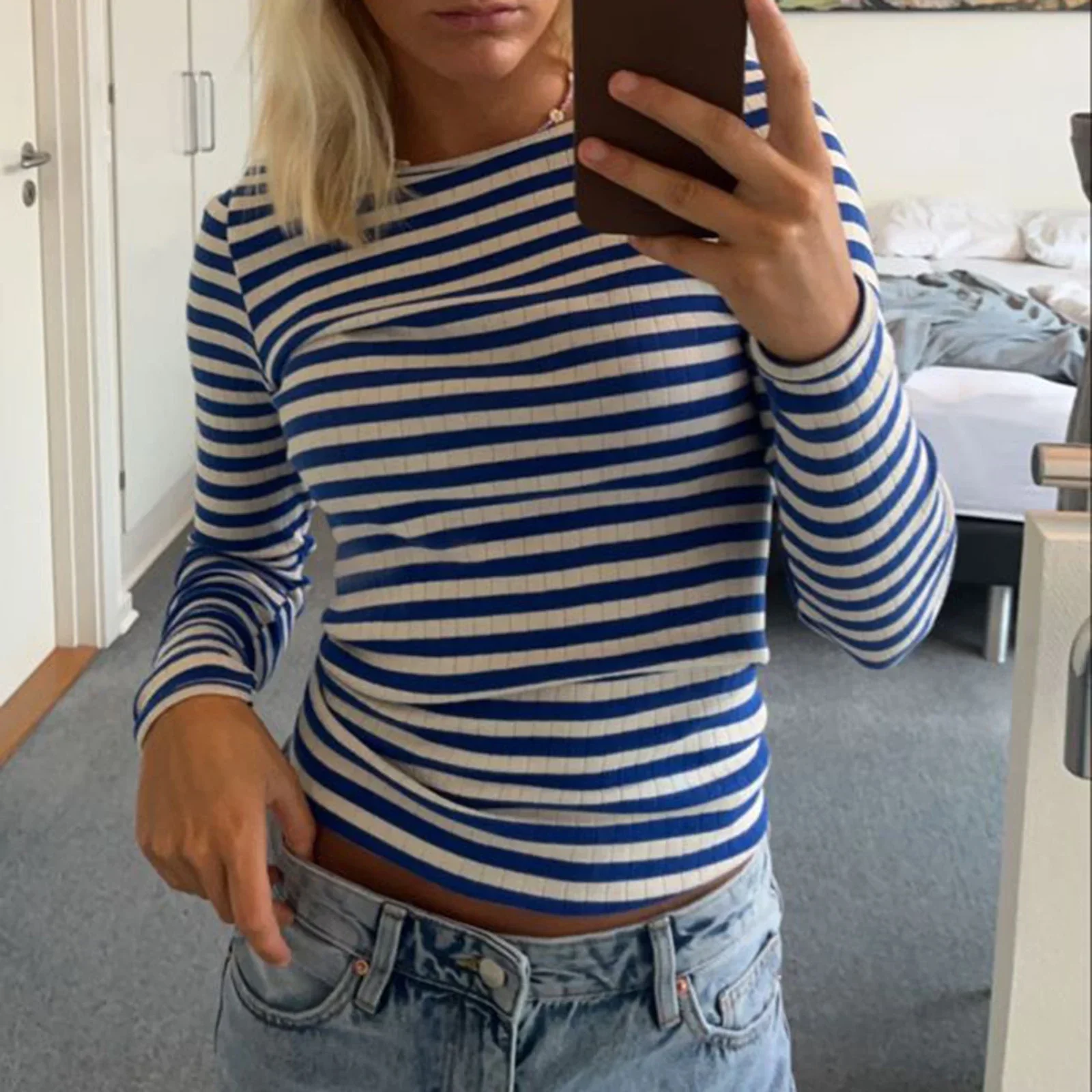 Vintage Preppy Style Y2K Crop Tops Clothes Cottage Striped Rib Knitted T-shirt Women Long Sleeve Casual Basic Tees Pullovers