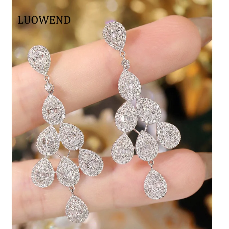 

LUOWEND 18K White Gold Earrings Luxury Water Drop Design 1.8carat Real Natural Diamond Drop Earrings for Women Senior Banquet